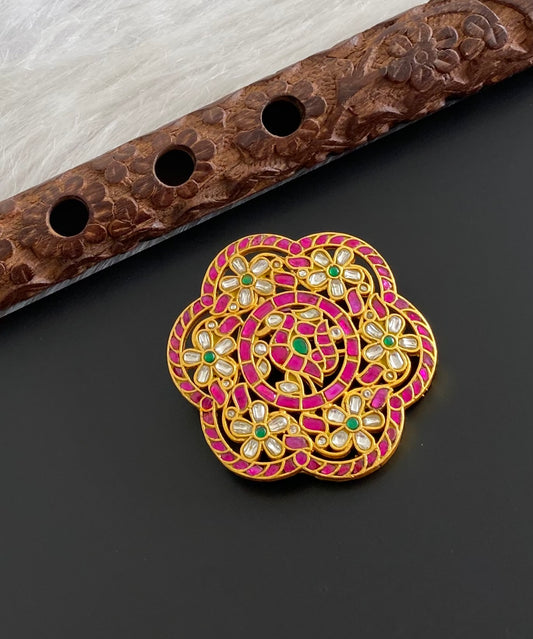 Gold tone pink-green-white kundan jadau peacock flower pendant dj-54172
