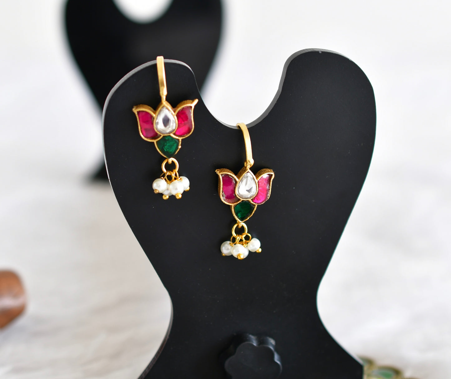 Gold tone pink-green kundan jadau lotus bugadi earrings dj-52470