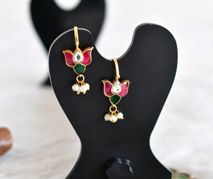 Gold tone pink-green kundan jadau lotus bugadi earrings dj-52470