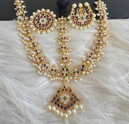 Gold tone precious kemp-green-white pearl cluster with sun and moon head set dj-50790