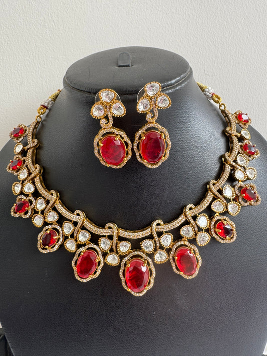 Antique gold tone cz red moissanite necklace set dj-51072