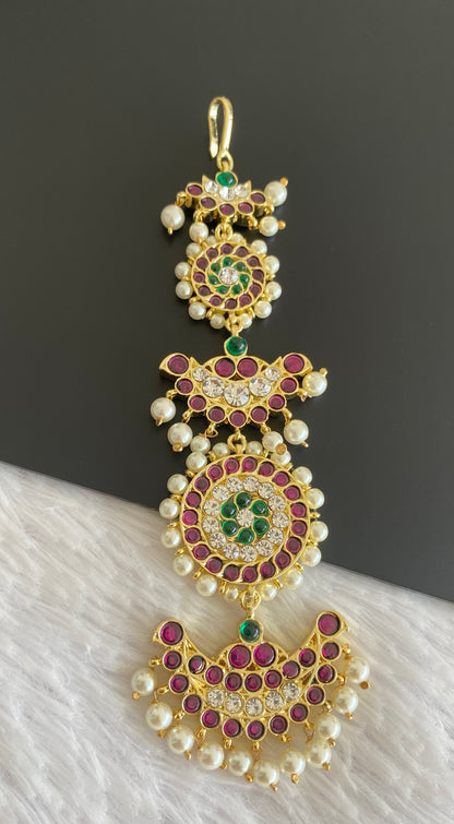 Gold tone semi precious kemp-green pearl maang tikka dj-30220
