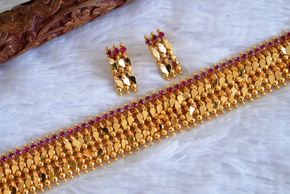Gold look alike ruby stone elakka thali choker necklace dj-47726