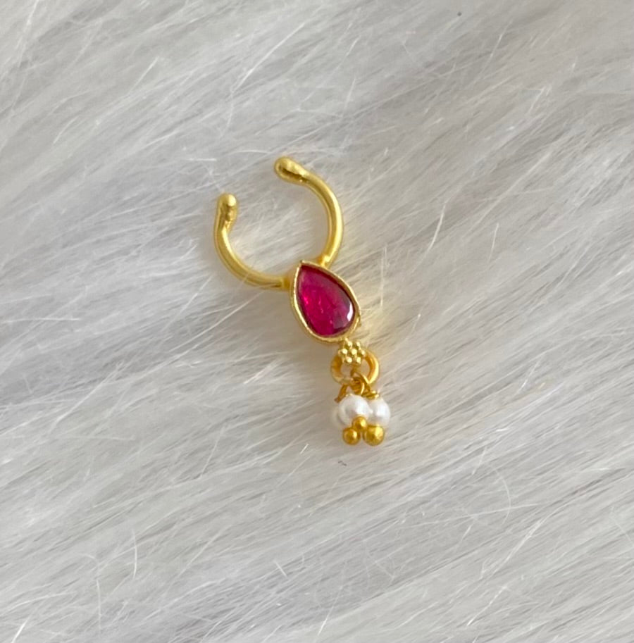 Gold tone pink stone pearl nose pin/bulakku dj-53810