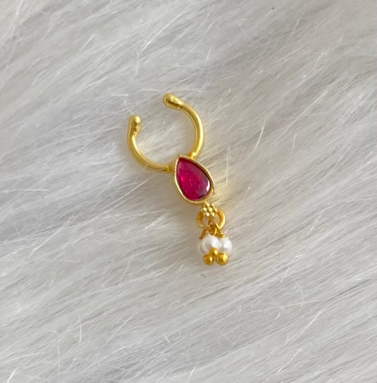 Gold tone pink stone pearl nose pin/bulakku dj-53810