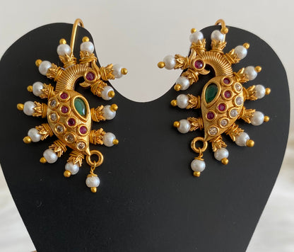 Matte gold pink-white-green stone pearl peacock bugadi earrings dj-53673