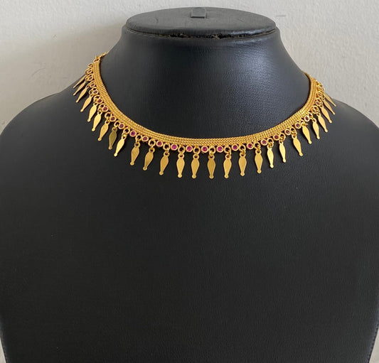 Gold tone pink stone elakka thali choker necklace dj-54539
