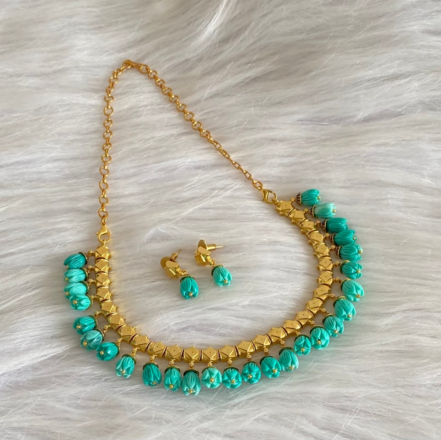 Antique gold tone green tulip beaded necklace set dj-54191