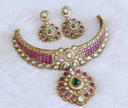 Antique gold tone ruby-green kundan flower choker necklace set dj-53028