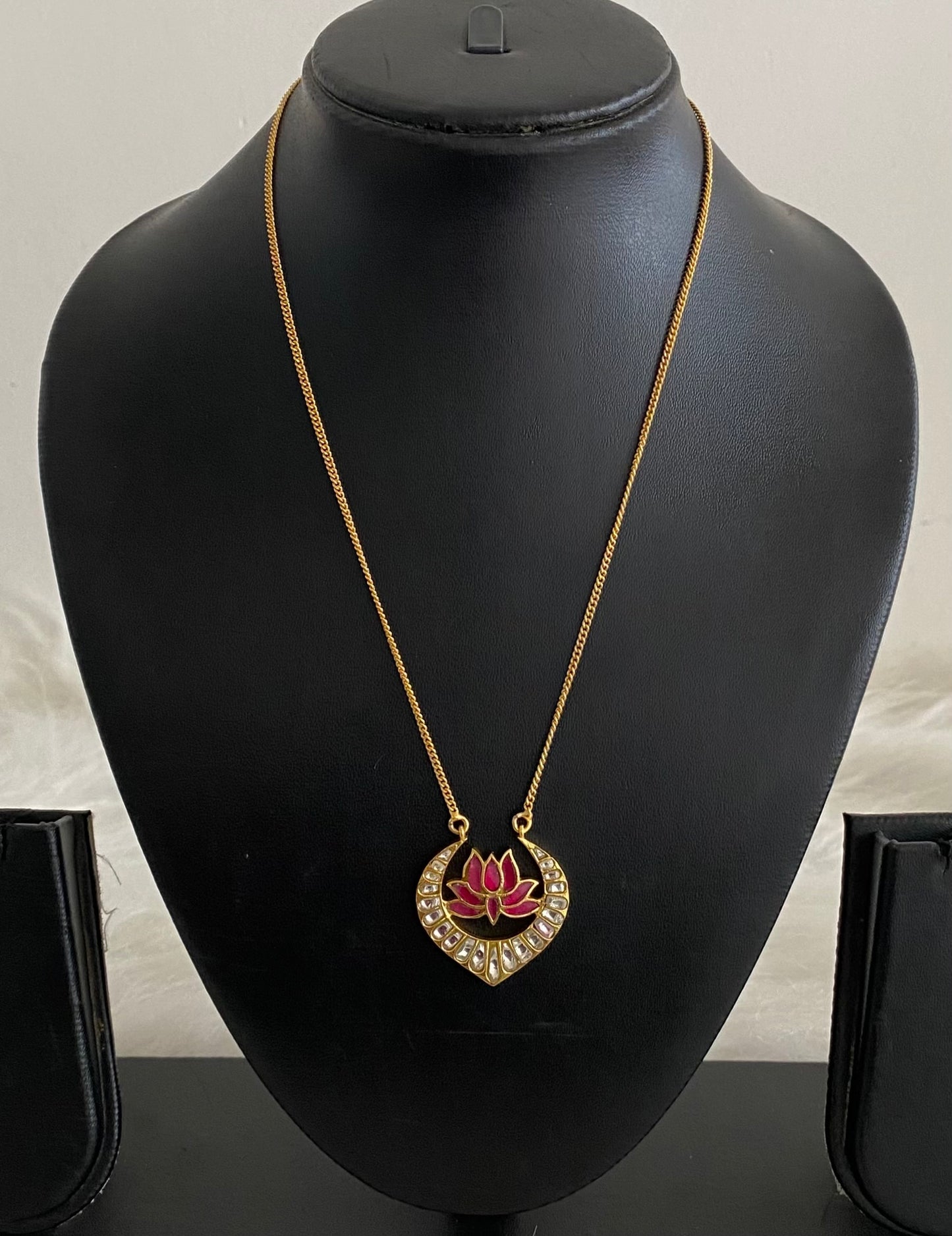 Gold tone white-pink lotus kundan jadau chain with pendant dj-54504