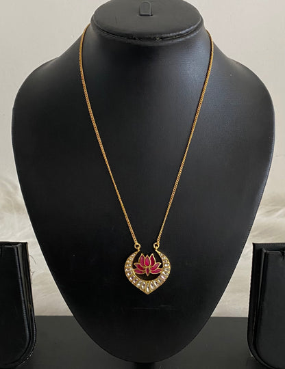 Gold tone white-pink lotus kundan jadau chain with pendant dj-54504