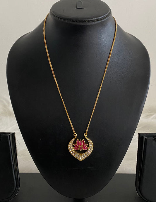 Gold tone white-pink lotus kundan jadau chain with pendant dj-54504