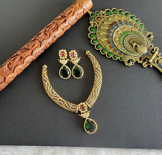 Antique gold tone cz pink-green-white bird necklace set dj-52125