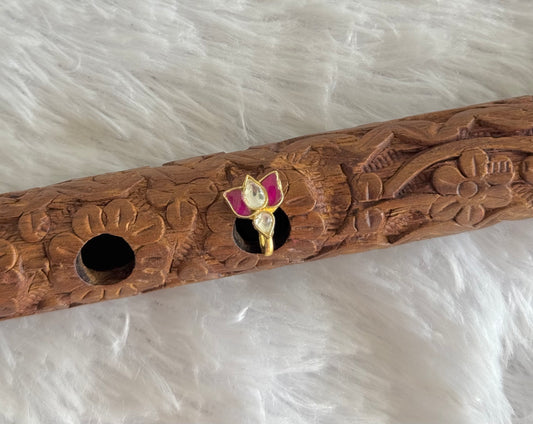 Gold tone pink-white kundan jadau lotus Nose Pin Dj-51420