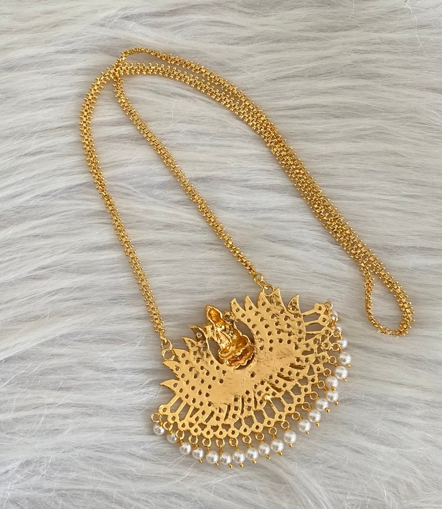 Gold tone white stone pearl lakshmi lotus chain with pendant dj-54114