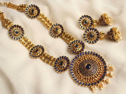 Antique gold tone pearl blue flower haar set - DJ16876