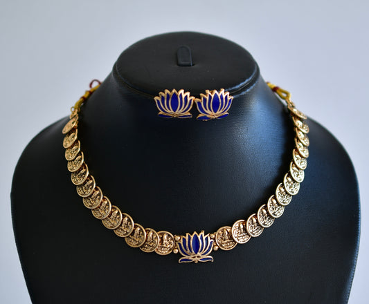 Antique gold tone lakshmi coin blue lotus necklace set dj-52734