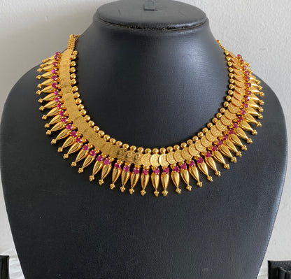 Gold tone kerala style pink stone lakshmi coin necklace dj-54136