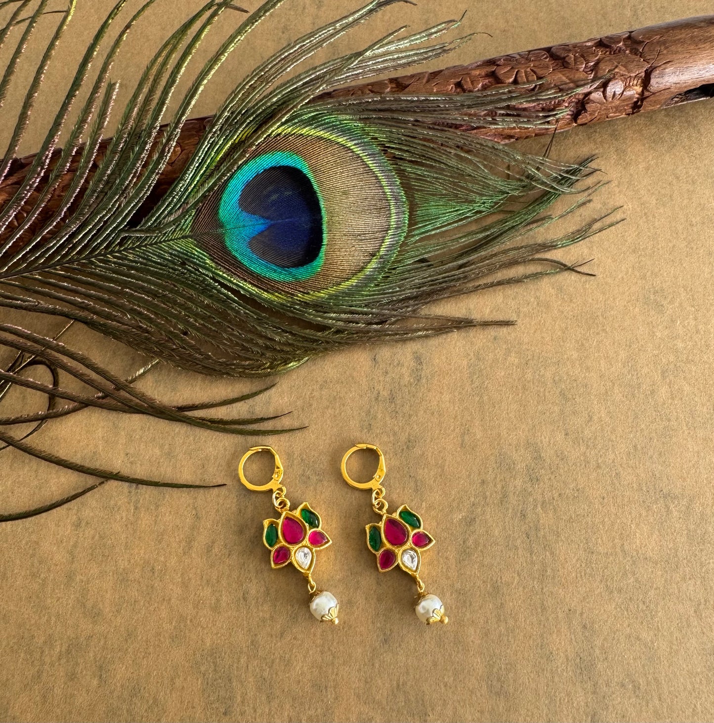 Gold tone pink-green-white kundan jadau lotus hook earrings dj-51561