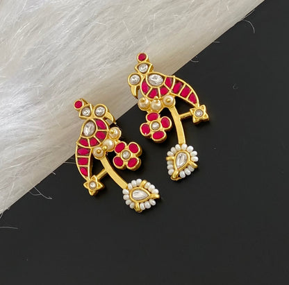 Gold tone pink-white kundan jadau bird bugadi earrings dj-54596