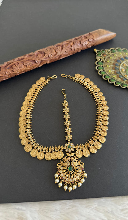 Antique gold tone cz pink-green lakshmi coin peacock tikka dj-52059