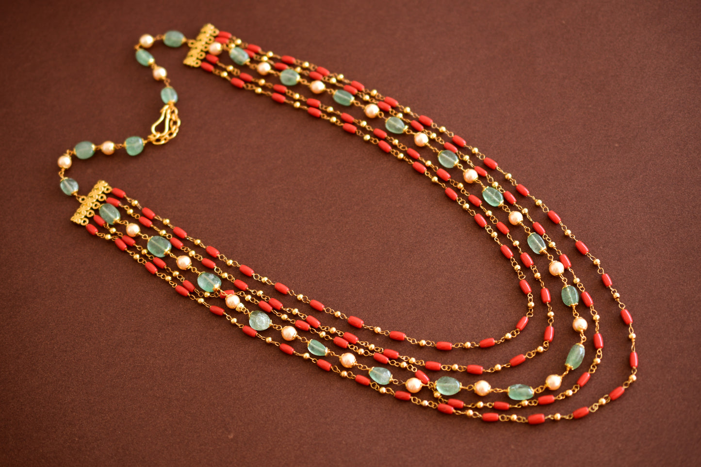 Antique gold tone flower coral-green-pearl beaded multilayer necklace dj-52695