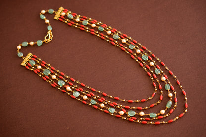 Antique gold tone flower coral-green-pearl beaded multilayer necklace dj-52695