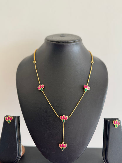 Gold tone pink-green Lotus Kundan Jadau necklace set dj-43205