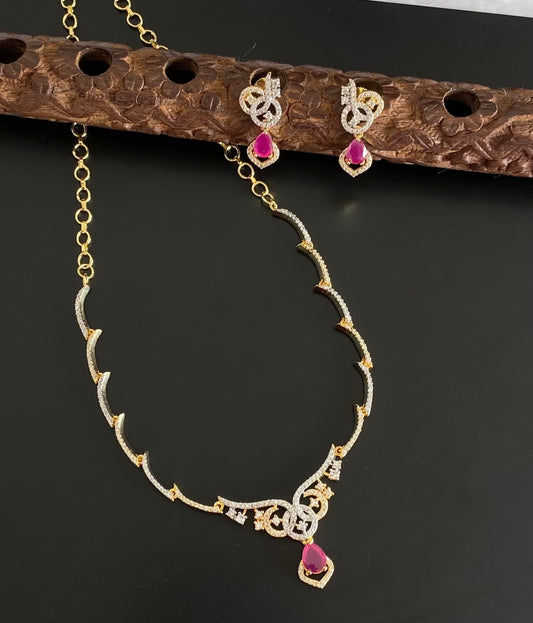 Two tone cz white-ruby stone necklace set dj-54344