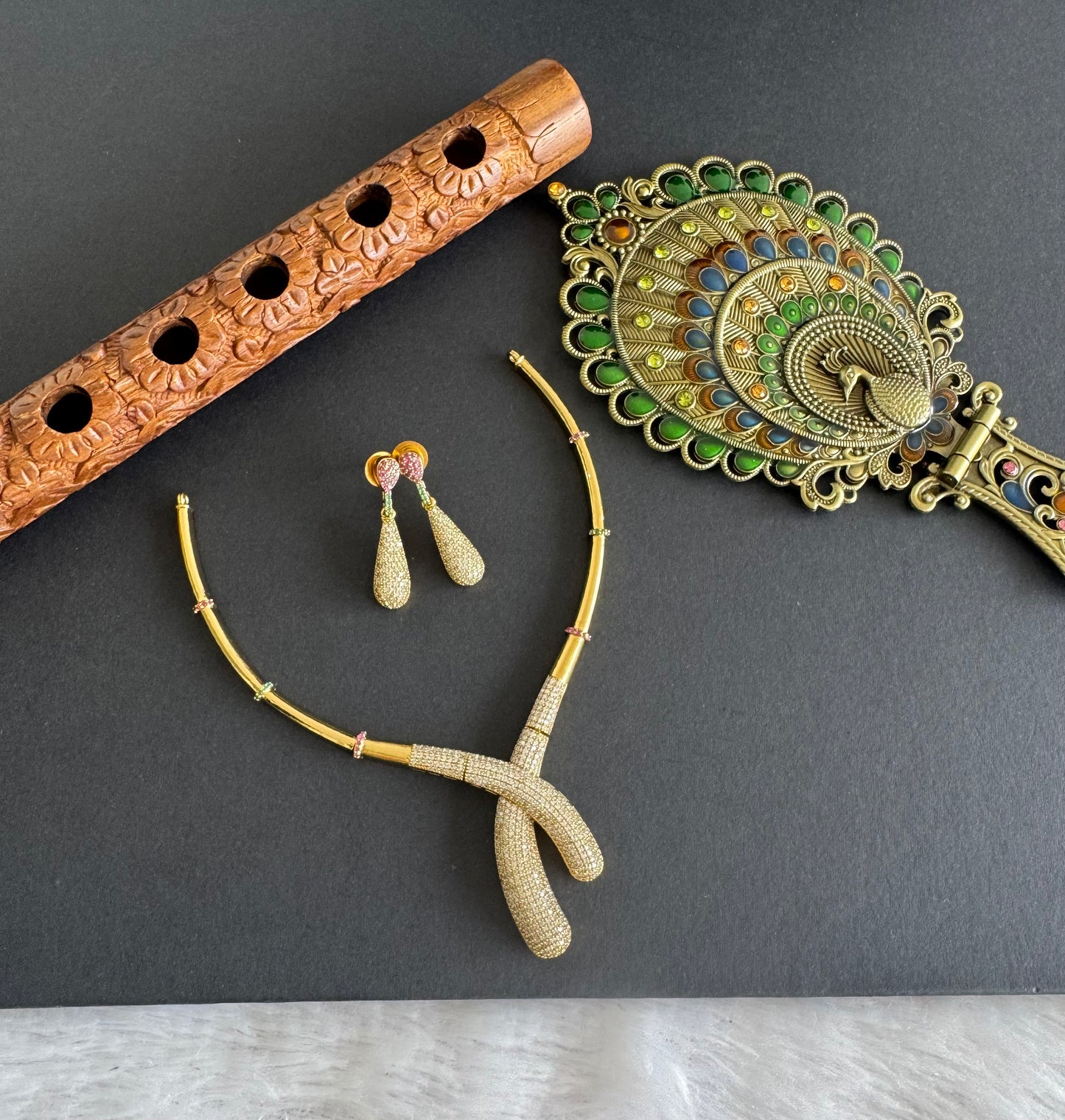 Antique gold tone cz pink-green-white kante necklace set dj-52124