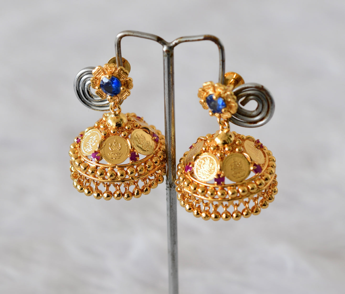Gold tone ruby-pink lakshmi coin jhumkka dj-50170