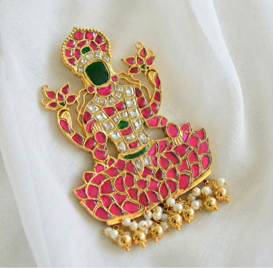 Gold tone pink-green-white kundan jadau Mahalakshmi pendant dj-43915