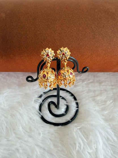 Gold tone AD pink-white south Indian flower jhumkka dj-53267