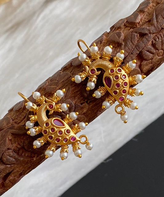 Matte gold pink stone pearl peacock bugadi earrings dj-53671