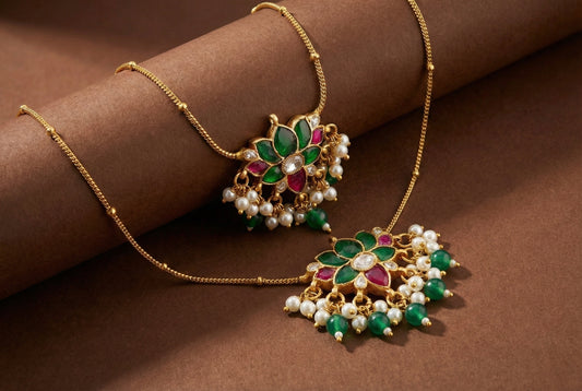 Gold tone pink-white-green lotus kundan jadau anklets dj-52400
