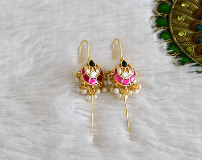 Gold tone pink-green-white kundan jadau bali bugadi needle earrings dj-52456
