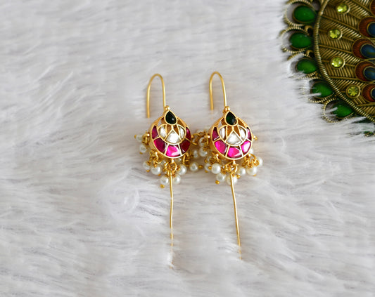 Gold tone pink-green-white kundan jadau bali bugadi needle earrings dj-52456