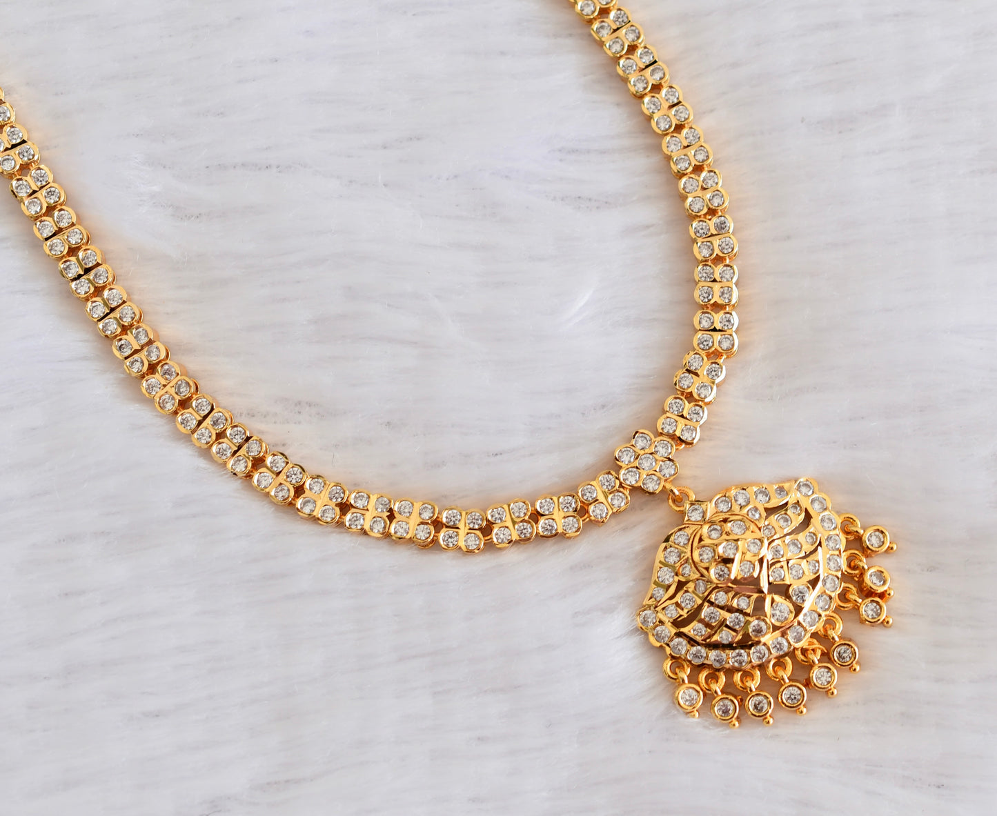 Gold tone AD white stone south Indian flower necklace dj-53333