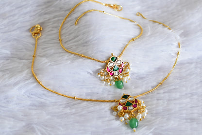 Gold tone pink-white-green kundan jadau anklets dj-52403