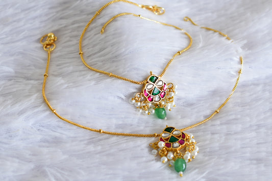 Gold tone pink-white-green kundan jadau anklets dj-52403