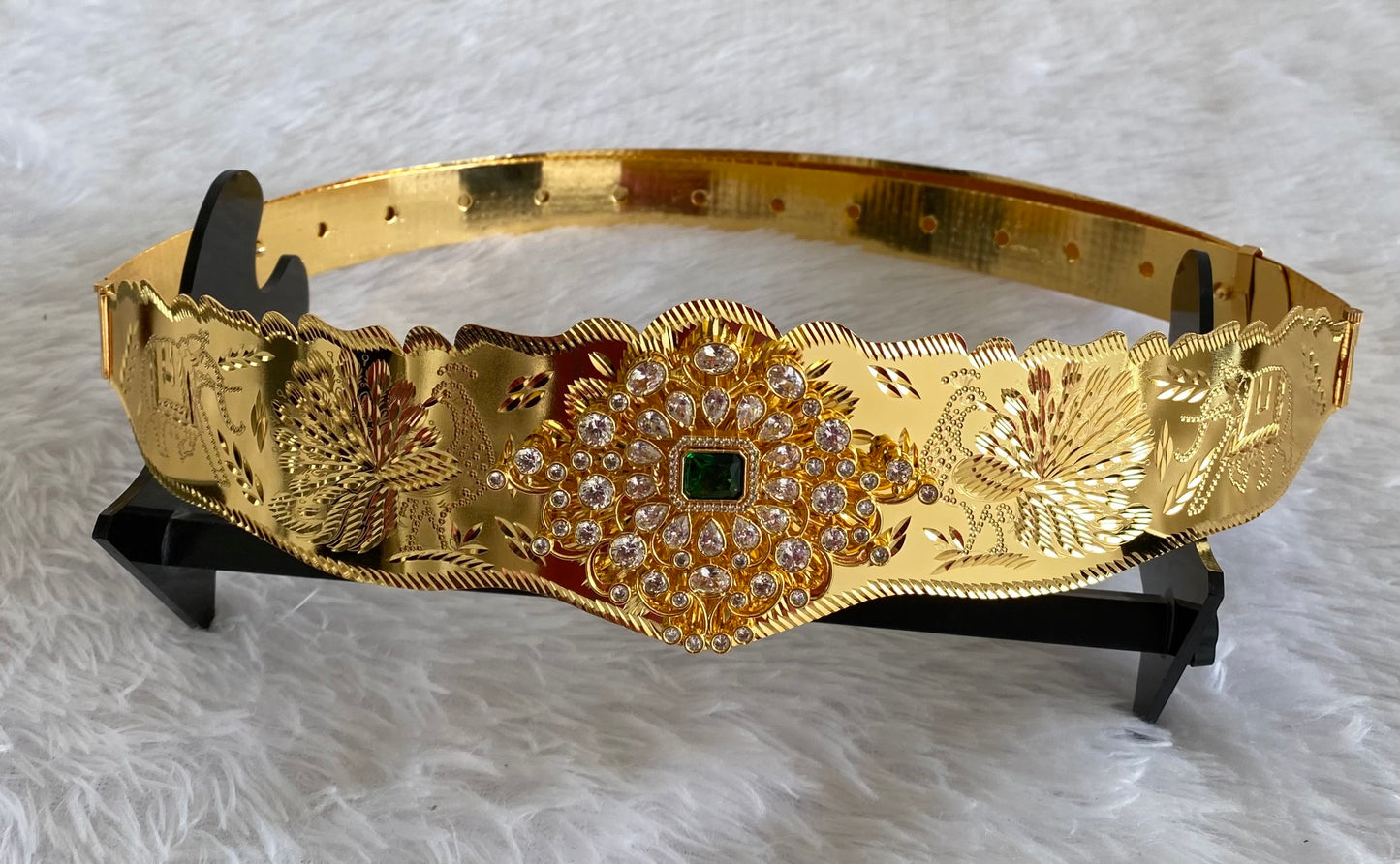 Gold tone white green stone elephant peacock design adjustable waist belt dj-53464
