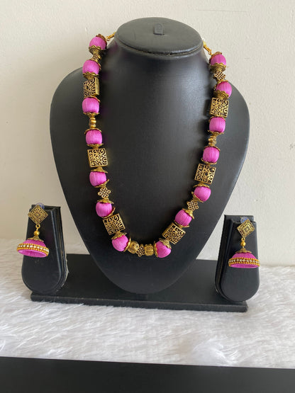 Antique gold Silk thread pink necklace set dj-52927