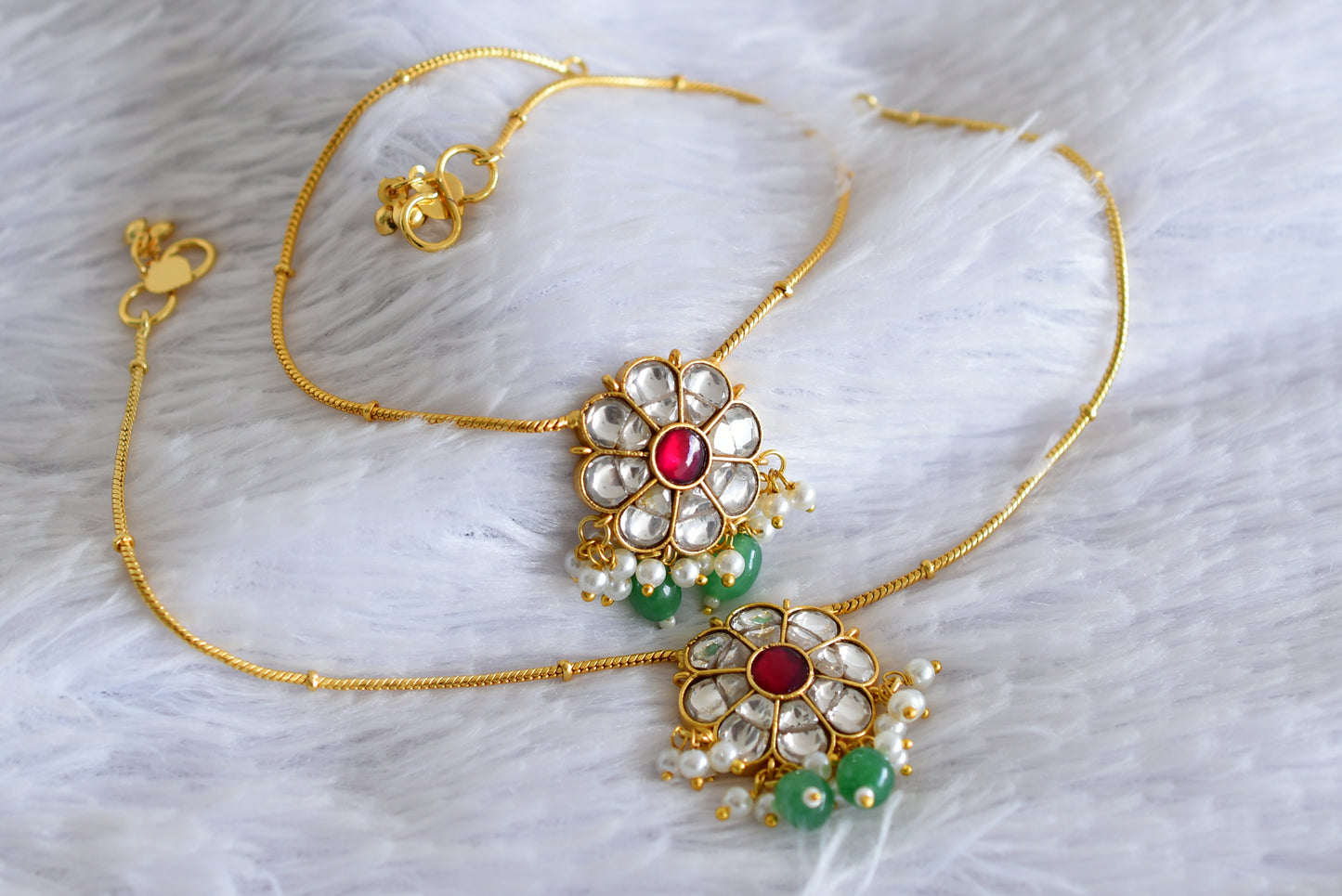 Gold tone pink-white-green flower kundan jadau anklets dj-52402