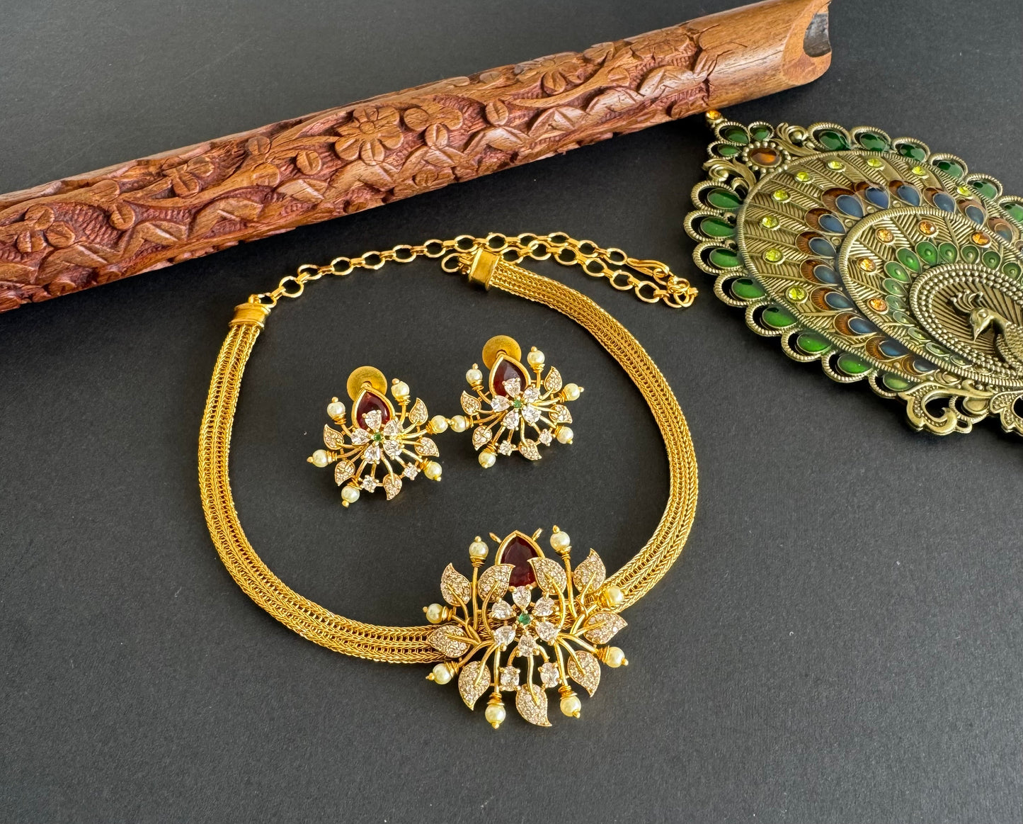 Matte finish cz magenta pink pearl pendant necklace set dj-52091