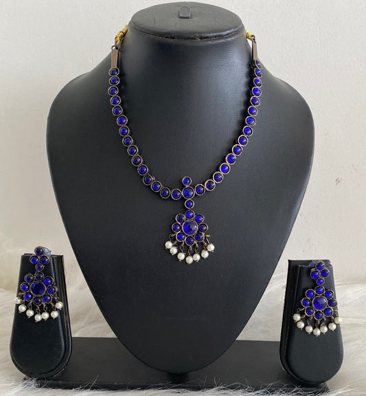 Black finish blue stone pearl necklace set dj-54619