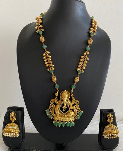 Antique gold tone beaded chain with green stone ganesha pendant set dj-55120