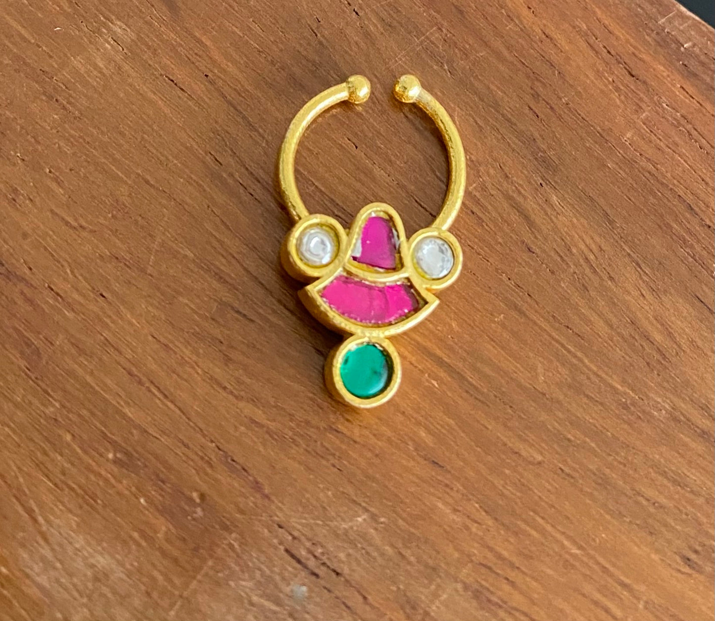 Gold tone kundan jadau pink-green-white stone nose pin/bulakku dj-53765