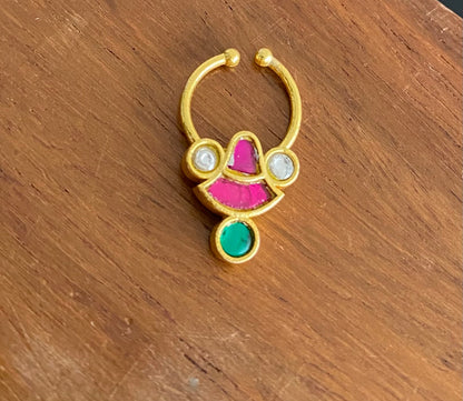 Gold tone kundan jadau pink-green-white stone nose pin/bulakku dj-53765