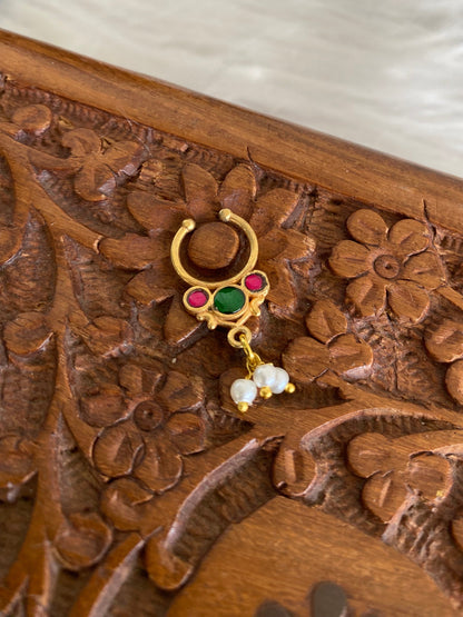 Gold tone kundan jadau pink-green stone pearl nose pin/bulakku dj-53790