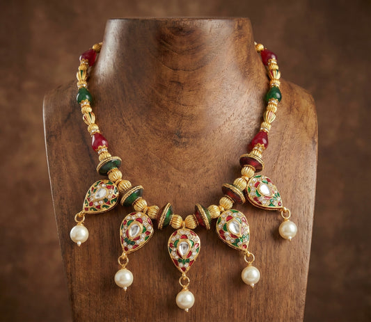 Antique gold tone meenakari beaded necklace DJ25837
